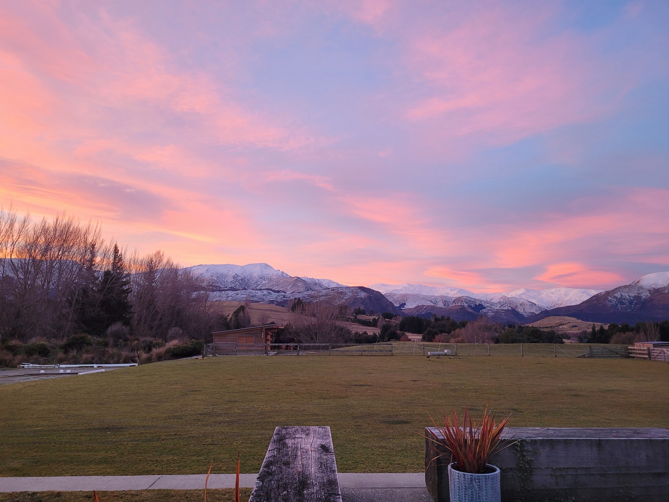 Pink light over the snow on the Remarkables