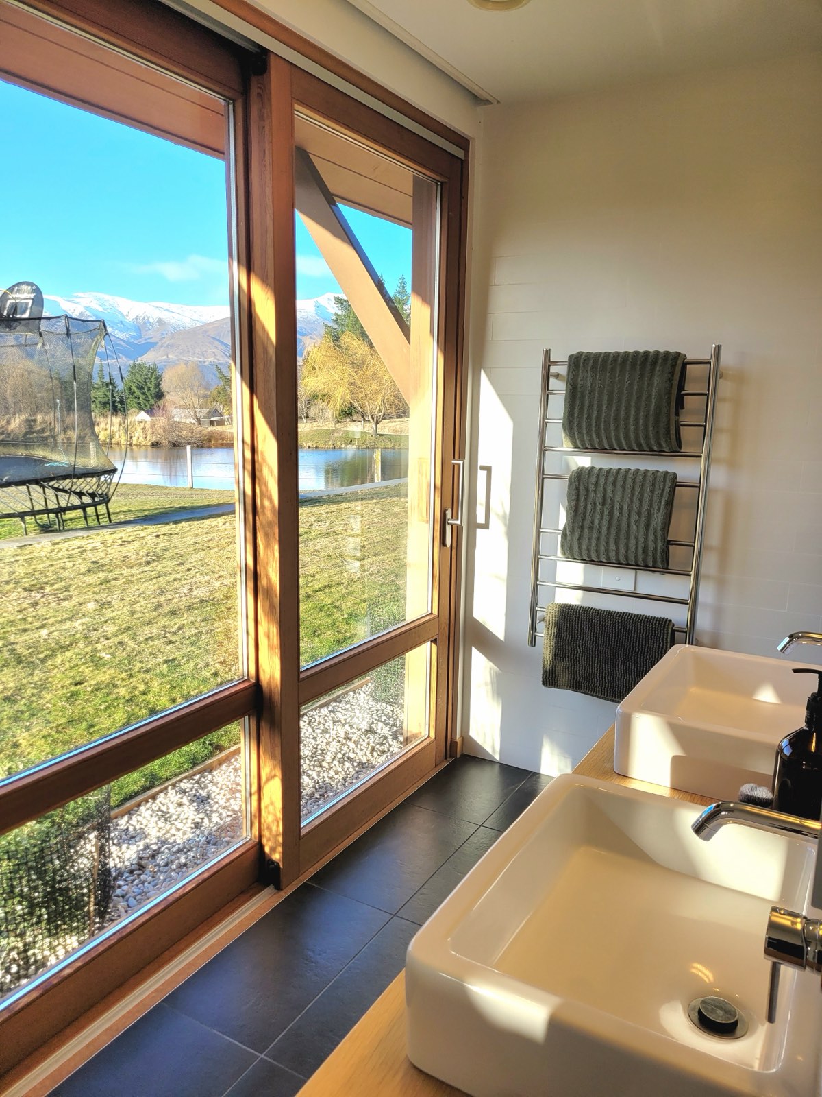 An ensuite looking out across the pond